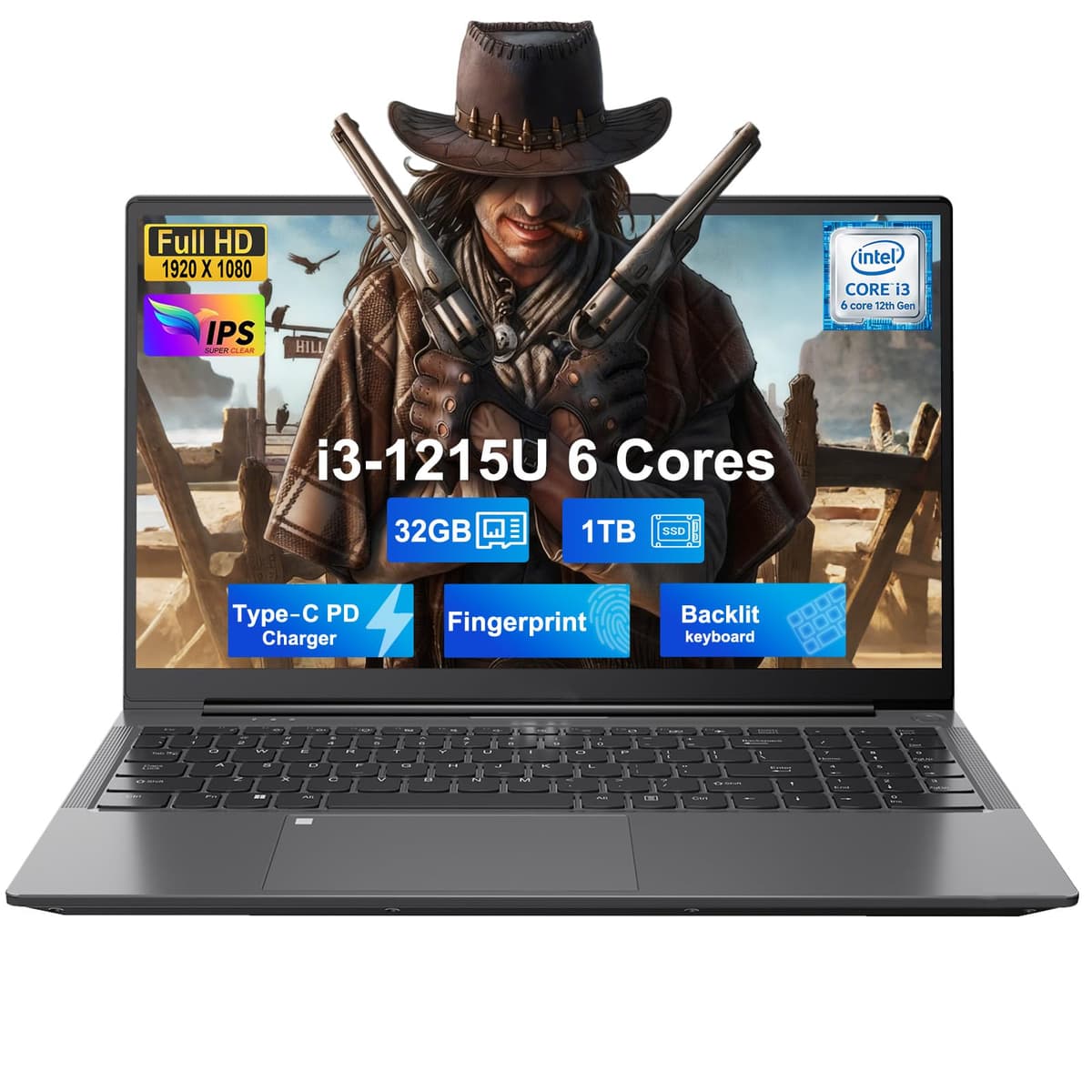 NIMO 15.6" IPS FHD Laptop para Estudiantes, Intel i3-1215U 6 núcleos, 32GB RAM, 1TB SSD (Gráficos Beats R5 7520U, hasta 4.4GHz), Cargador Tipo-C 65W, Teclado Retroiluminado, Lector de Huellas, Wi-Fi 6, para Hogar y Negocios NIMO N154