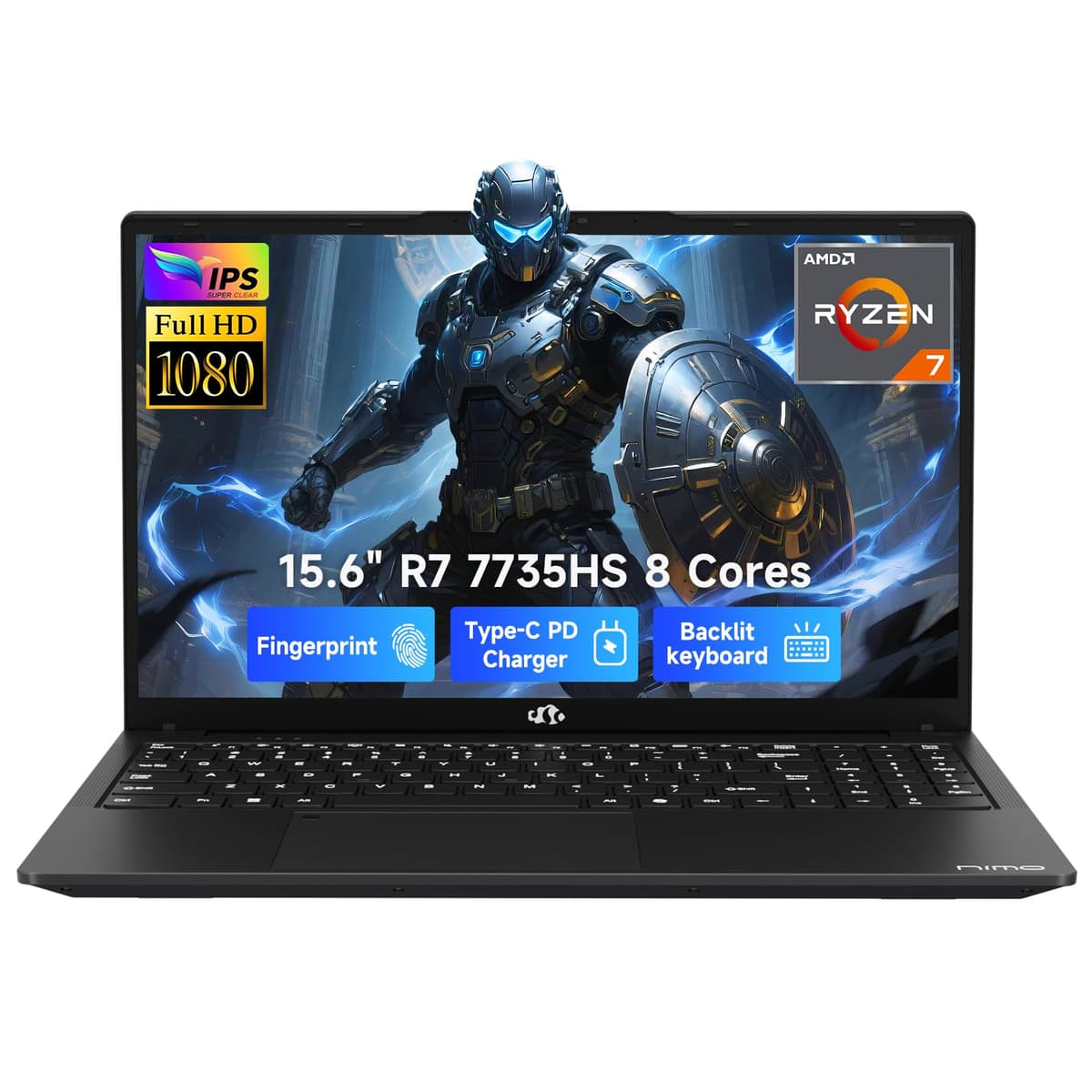 NIMO 2025 Laptop para Juegos, 15.6" FHD con AMD R7 7735HS (8C/16H, hasta 4.75 GHz), 16GB DDR5, 512GB SSD, Radeon 680M 100W, USB-C, Teclado Retroiluminado con Lector de Huellas ARN21S