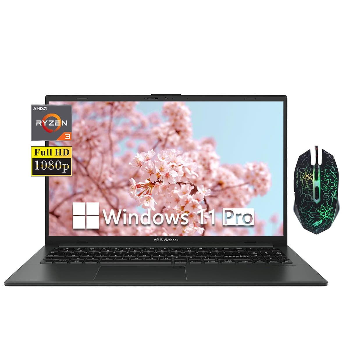 ASUS Vivobook Go 15.6" FHD Laptop, Ultrabook delgado para negocios, AMD Ryzen 3 7320U, 8GB LPDDR5 RAM, 512GB SSD PCIe, bisagra 180° abatible, WiFi, Bluetooth, carga rápida, Windows 11 Pro, mouse incluido, Negro mixto ASUS Laptop