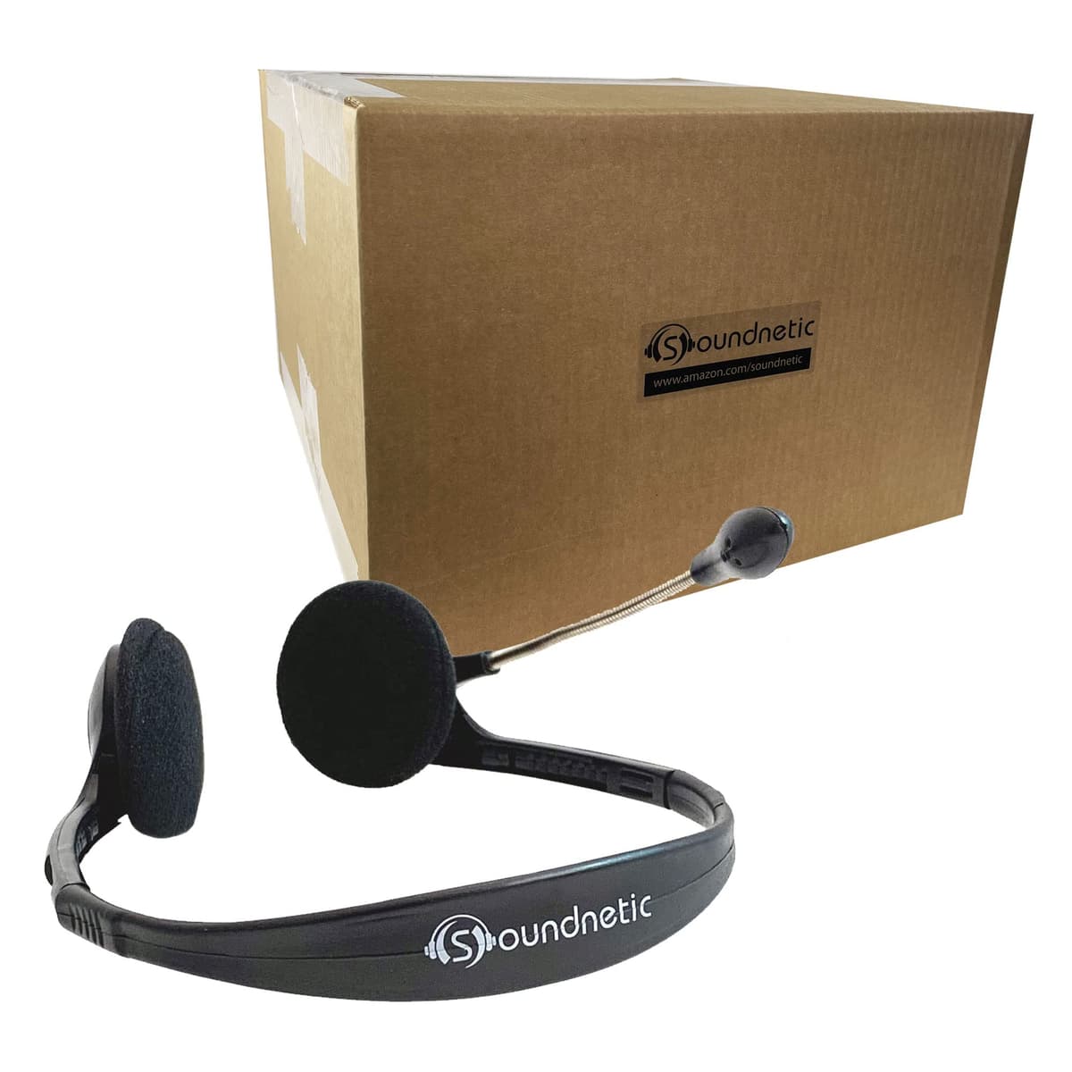 Auriculares desechables estéreo Soundnetic para aula - Paquete de 100 con micrófono boom y conector de 3.5 mm, negros - Ideal para escuelas y exámenes SN250M-100