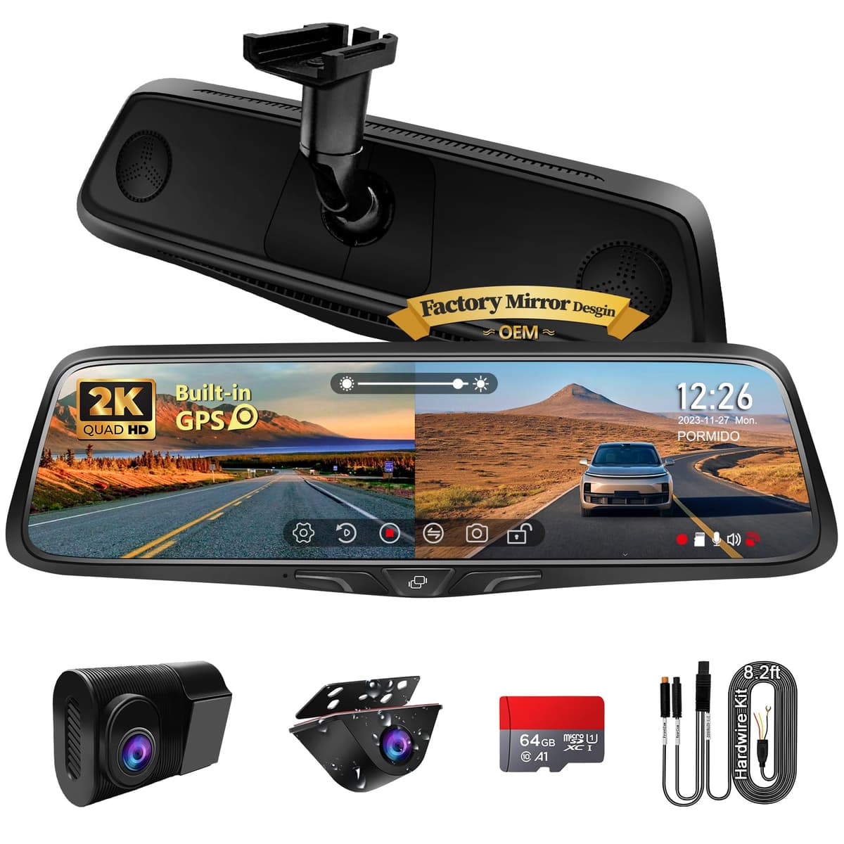 PORMIDO OEM Cámara Retrovisora 2K para Espejo Trasero, Dash Cam de Espejo de 10" con Cámara Trasera Desprendible, Pantalla Táctil Completa Inteligente, WDR, GPS Integrado, Tarjeta de 64GB, Monitor de Estacionamiento, Visión Nocturna PRD80