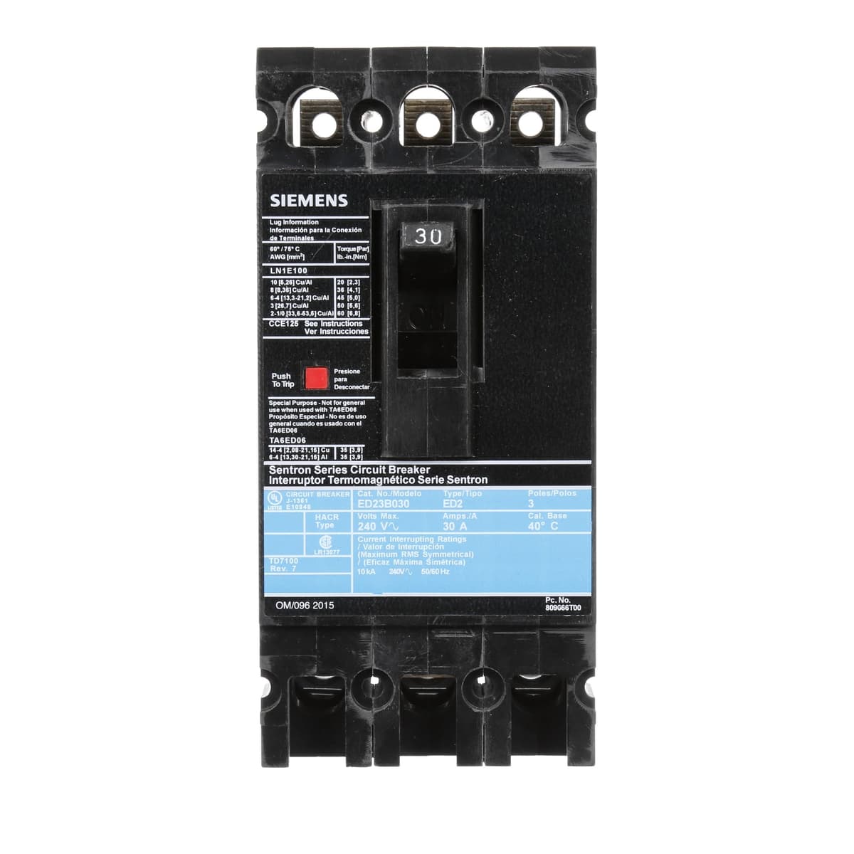 Circuit Breaker ED 3P 30A 240VAC Siemens