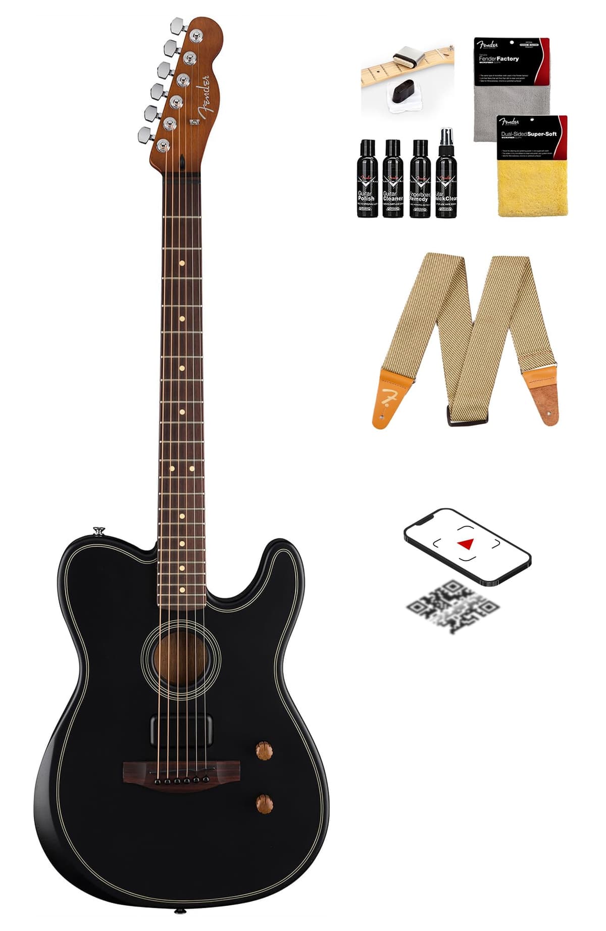 Fender Acoustasonic Standard Telecaster - Black Bundle con correa, kit de limpieza y video instructivo Austin Bazaar AUS-0973113506-COMBO-DLX
