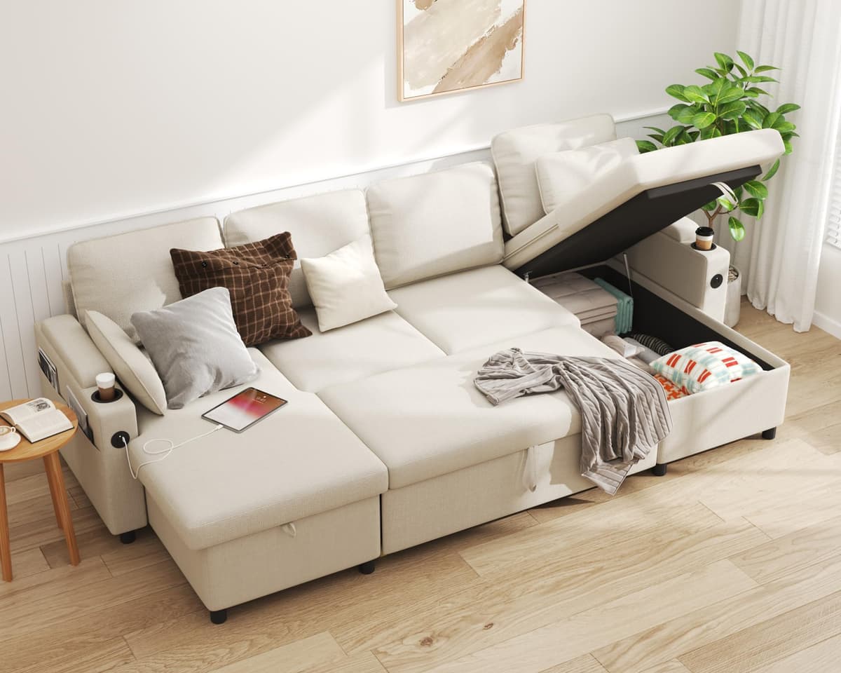 DURASPACE Sofa Bed Pull Out Couch Sleeper with Double Storage Chaise, U Shaped Convertible Sectional Sleeper Sofa for Living Room with USB Charging Ports, Cup Holder (Beige) AX20514BE-ABC