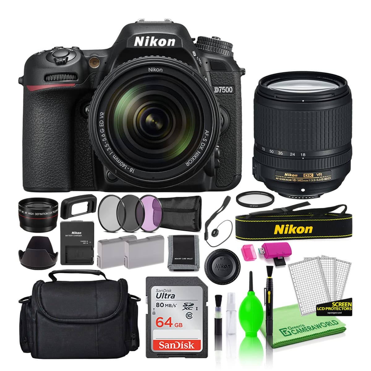 Nikon D7500 DSLR 20.9MP con lente 18-140mm VR - Kit Deluxe (Reacondicionado) 1582-GR-1