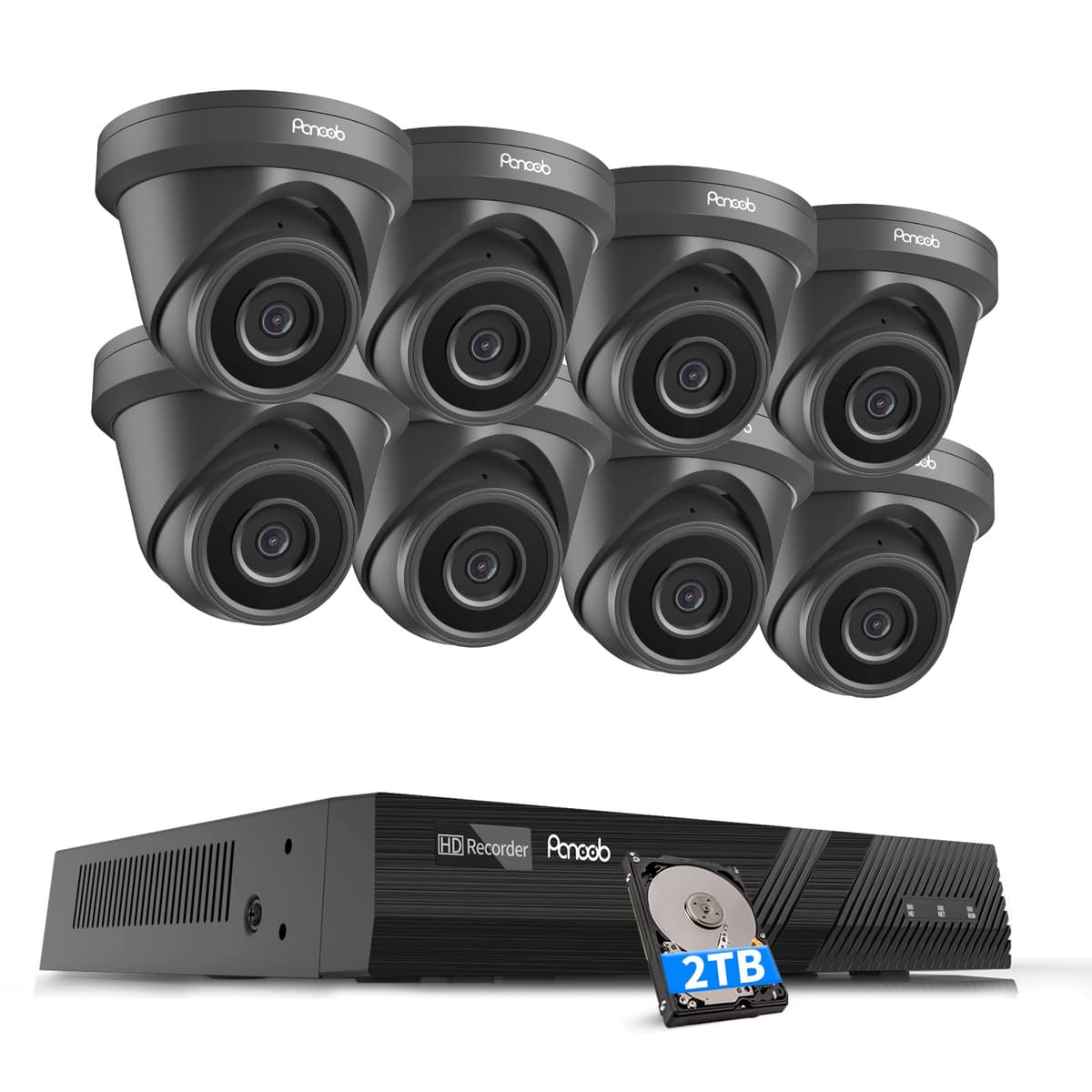 Sistema de Cámaras de Seguridad PANOOB PoE 8 Canales, 8x Cámaras Domo Turret IP Cableadas 8MP para Interior y Exterior, Acceso Remoto, Detección Inteligente AI de Personas y Vehículos, Micrófono Integrado, NVR 4K 8CH con HDD 2TB, PD93A30808-8M