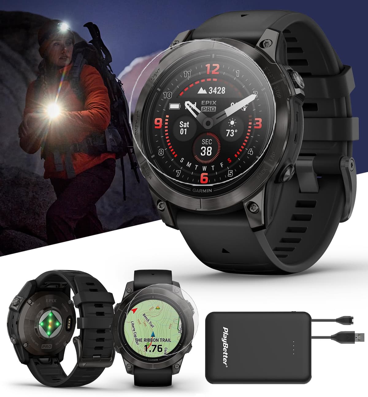 Garmin Epix Pro (Gen 2) Sapphire 47 mm Carbon Gray con linterna integrada - Bundle PlayBetter Garmin epix Pro (Gen 2) 47mm