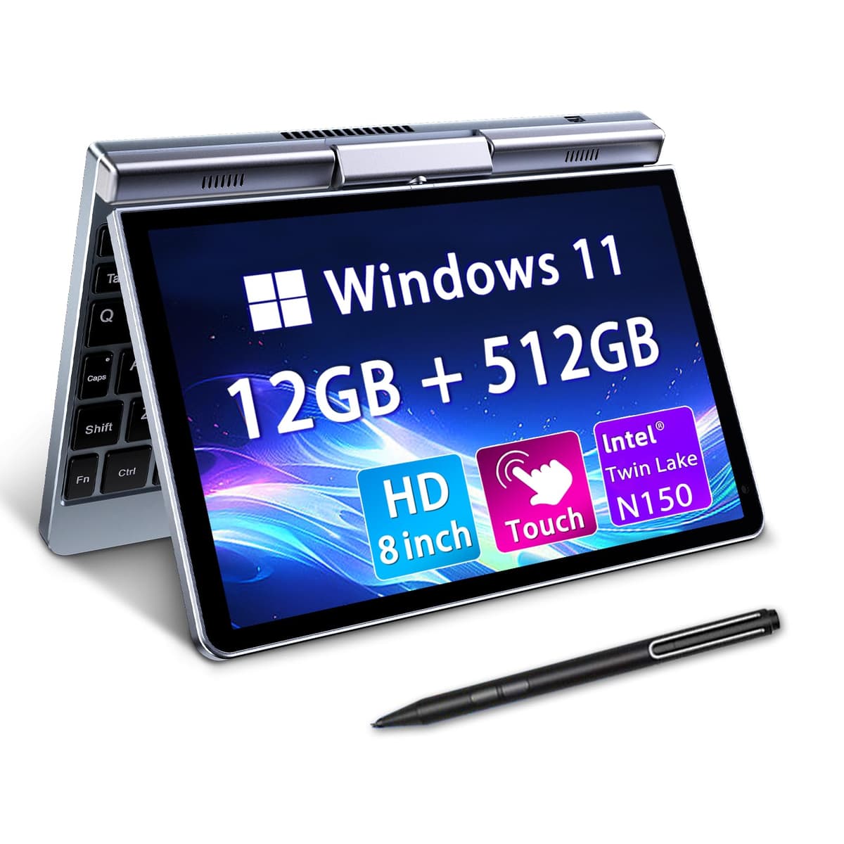 KOOTIGERS Mini Laptop 8" 2 en 1, Computadora Portátil Win 11, Intel N150 (hasta 3.6 GHz), 12 GB RAM 512 GB SSD, Pantalla Táctil HD, Teclado Retroiluminado, Wi-Fi 6, USB-C, PC Ligero y Portátil para Trabajo/Niños/Escuela