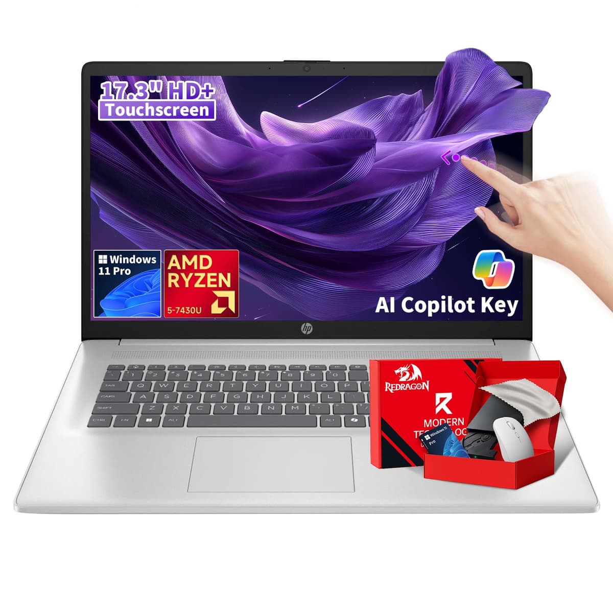 Laptop empresarial HP de 17 pulgadas con pantalla táctil - AMD Ryzen 5 7430U (4.3 GHz Max) · Pantalla HD+ · Tecla AI Copilot · Carga rápida · Cámara de privacidad · Wi-Fi 6 · Windows 11 Pro · Paquete Redragon (64 GB RAM | 4 TB SSD) HP 17-inch Touchscreen Business Laptop