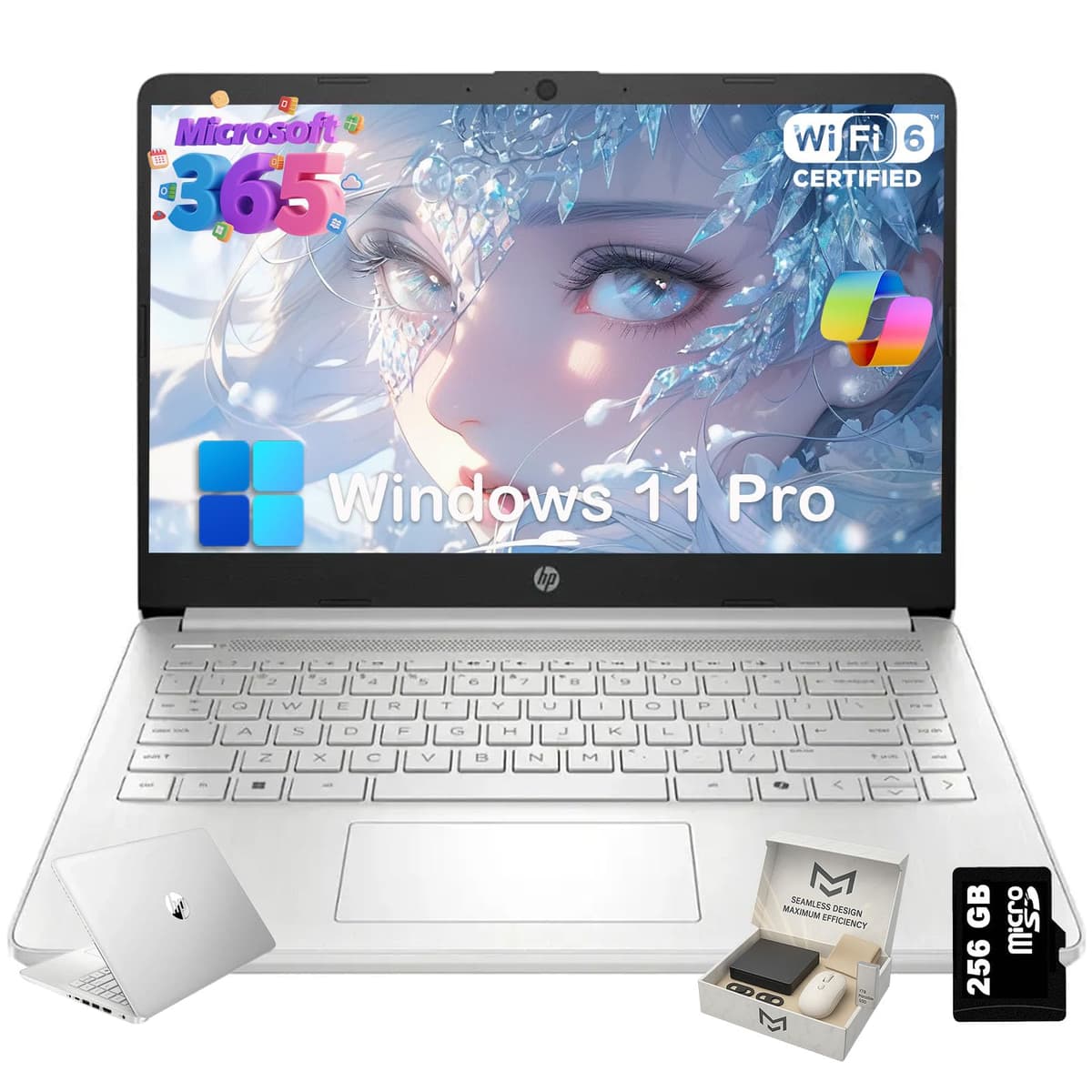 HP 2025 Laptop de 14 pulgadas para estudiantes y empresas, Intel Quad-Core N150, 16 GB RAM, 384 GB almacenamiento (128 GB UFS + 256 GB tarjeta SD), 1 año Office 365, liviano, Windows 11 Pro con Copilot AI, plateado