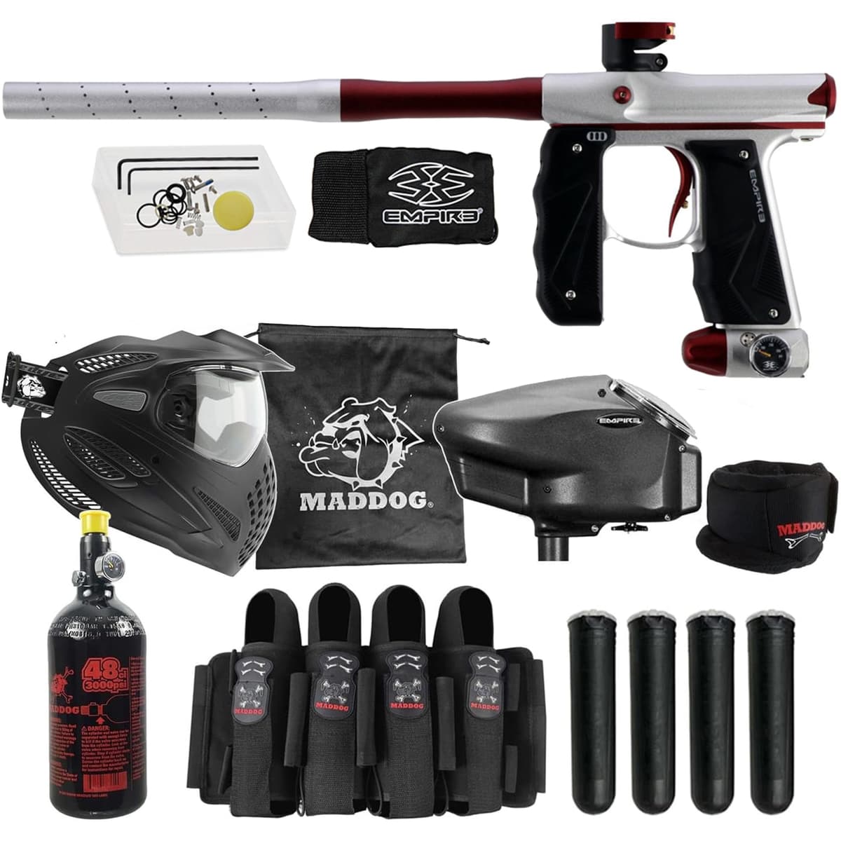 Maddog Empire Mini GS Full Auto con tanque HPA, cargador Halo Too, máscara térmica anti-vaho, protector de cuello y arnés 4+3 - Silver/Red 2069-AXE2