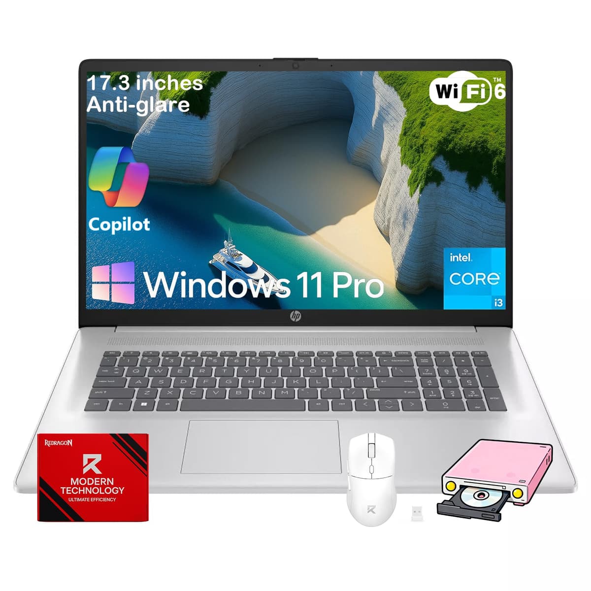 HP Laptop 17 para negocios y estudiantes - Pantalla IPS HD+ de 17.3" 250 nits, 8 GB RAM, 512 GB SSD, Procesador Intel i3 de 8 núcleos, Wi-Fi 6, Cámara, Copilot, Carga rápida, Windows 11 Pro, con accesorios HP 17 laptop