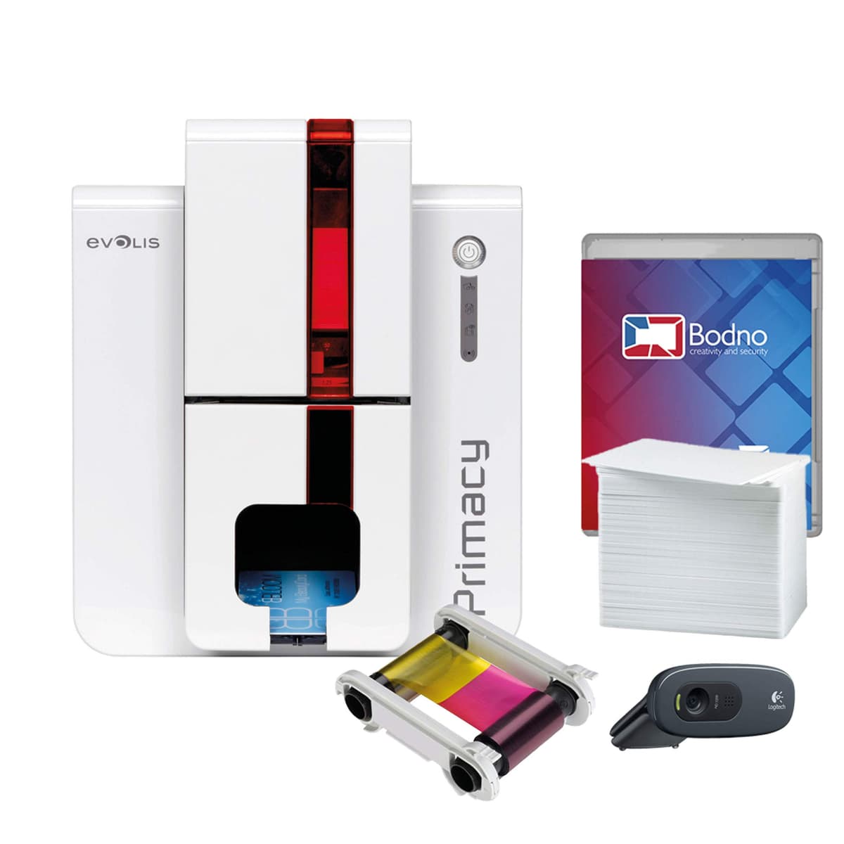 Bodno Evolis Primacy impresora de credenciales doble cara con paquete completo y 300 tarjetas PVC FBA_Primacy System
