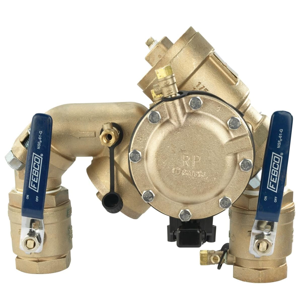 Febco 825YA Serie 1-1/2" Preventor de Retorno de Presión Reducida en Cobre, Válvulas de Corte 1/4 Vuelta, Patrón N, Conexiones Unión Angular, Sensor de Inundación SentryPlus F825GYA