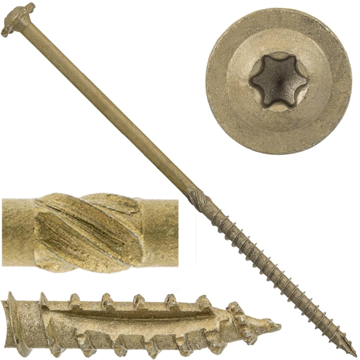 Tornillo de Retención (Lag) para Construcción Jake Sales #17 x 7 - Punta Torx/Estrella, Alta Resistencia Estructural - Recubrimiento Exterior - Compatible con ACQ - Arandela Modificada para Cercha. 4 cajas de 100 unidades - CAJA - 400 tornillos 17-7-CONSTRUCTION-LAG-SCREWS-CTX-100
