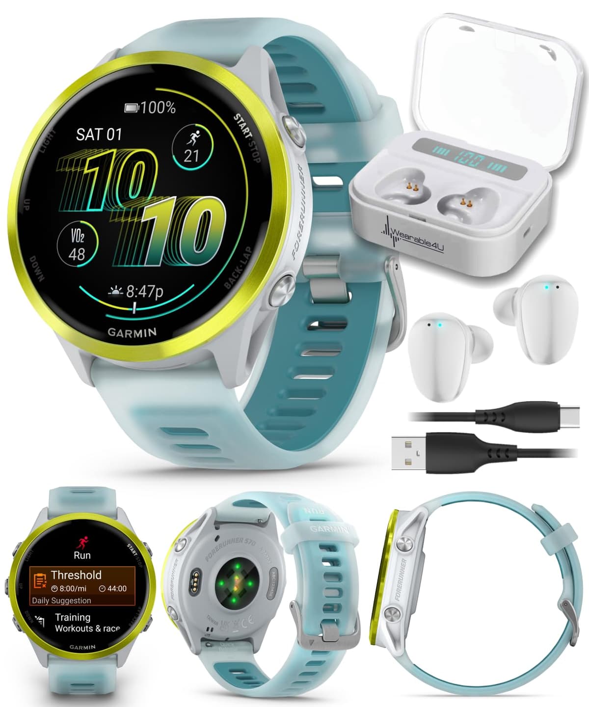 Garmin Forerunner 570 47 mm Reloj Inteligente Avanzado para Correr y Triatlón con GPS Pantalla AMOLED Entrenamiento y Recuperación Amp Amarillo Aluminio con Correa Translúcida Piedra Blanca/Turquesa Paquete con Auriculares Wearable4U Blancos TWS X7-1