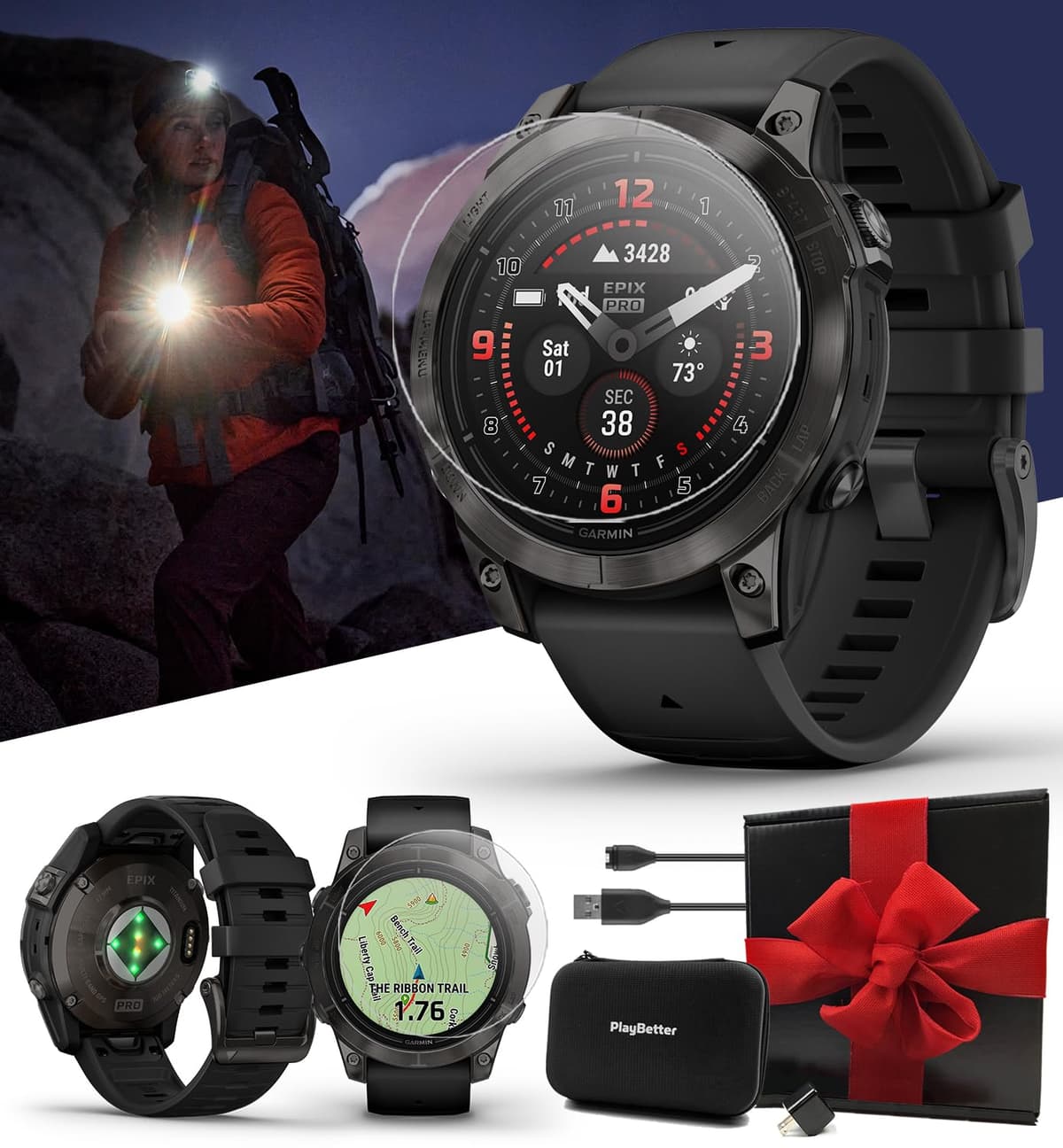 PlayBetter Garmin epix Pro (Gen 2) Sapphire 47mm (Carbon Gray DLC/Black) - Smartwatch GPS AMOLED con linterna integrada - Bundle