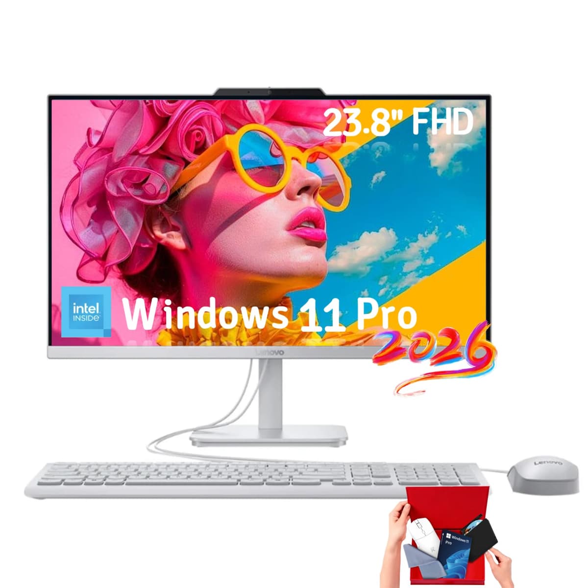Computadora Todo-en-Uno Lenovo - Windows 11 Pro, Pantalla IPS FHD de 23.8", 16 GB RAM, SSD de 1 TB, Procesador Intel N100, Gráficos Intel UHD, Wi-Fi 6, Teclado y Mouse con Cable, Webcam HD, con Accesorios V100