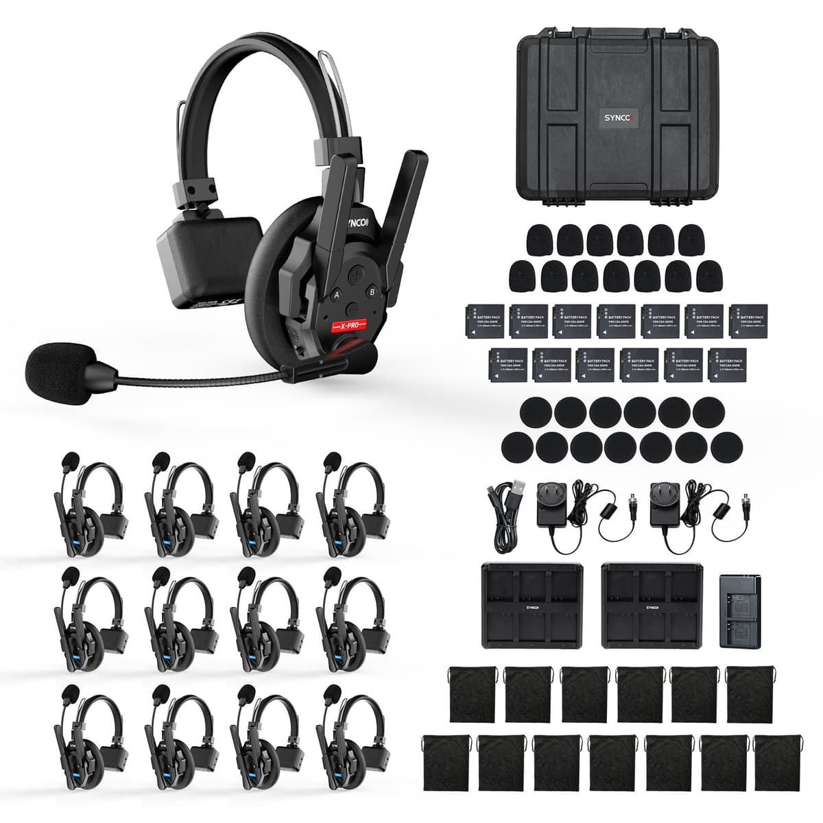 SYNCO XTALK XPRO13 Sistema de Auriculares de Comunicación Inalámbricos, Dúplex Completo 2.4GHz con 24H de Batería 500m/1640ft Reducción de Ruido para 13 Personas, Xtalk-XPRO-Intercom-Auriculares de Comunicación synco xpro headset