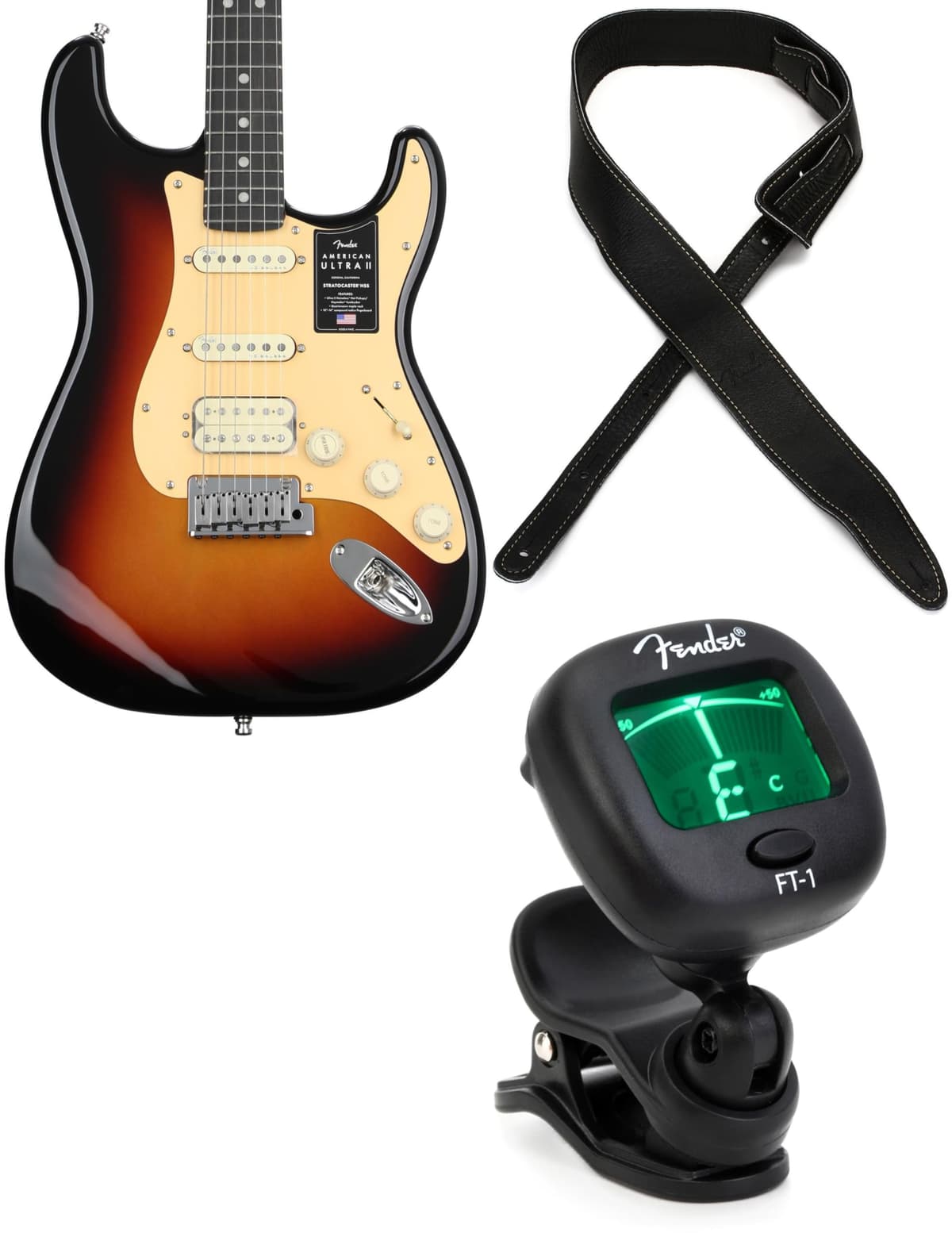 Fender American Ultra II Stratocaster HSS Ultraburst con diapasón de ébano, incluye afinador y correa BUNDLE-848208