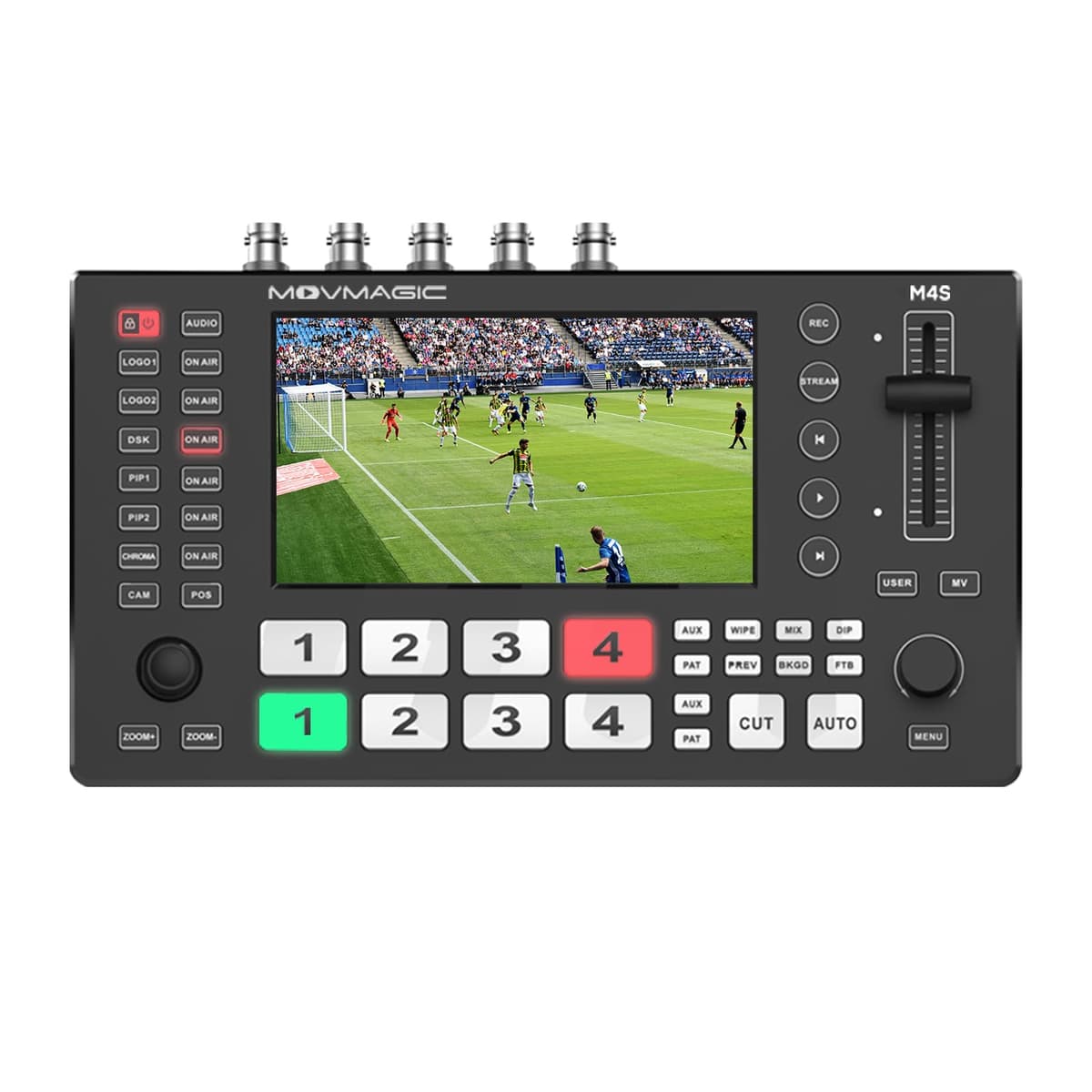 MOVMAGIC M4S Mezclador/Conmutador de Video Multi Cámara 5.5" 5CH con 2 HDMI (4K/60P), USB 3.1 Streaming, Grabación/Reproducción, Soporte PTZ/SD, 4 entradas HDMI/SDI y 1 LAN/USB