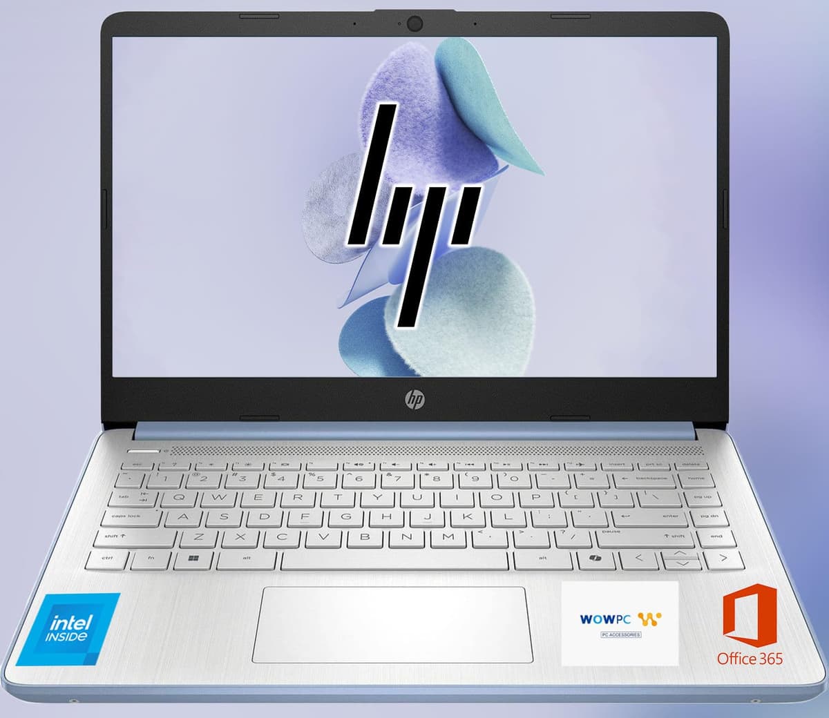 HP 14 Ultrabook, CPU Intel, 32 GB RAM, 1.6 TB de almacenamiento (128 GB onboard con unidad portátil de 512 GB + 1 TB OneDrive), hasta 12 h de batería, Windows 11 Home, azul cielo, con paquete 3 en 1 WOWPC