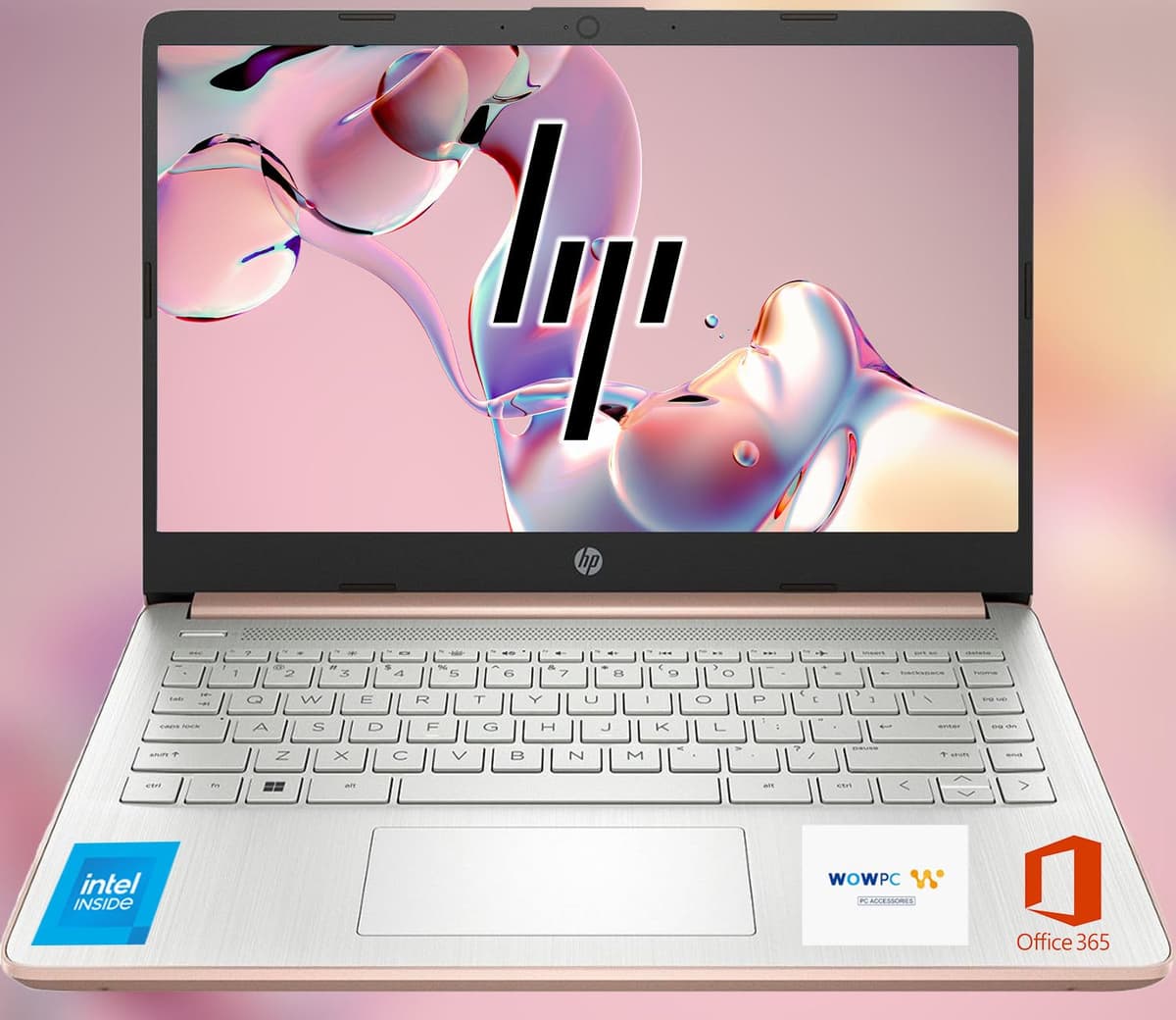 HP 14 Ultrabook, CPU Intel, 32 GB RAM, 1, 6 TB de almacenamiento (128 GB incorporados con disco portátil de 512 GB + 1 TB en OneDrive), hasta 12 h de batería, Windows 11 Home, oro rosa, con paquete 3 en 1 WOWPC