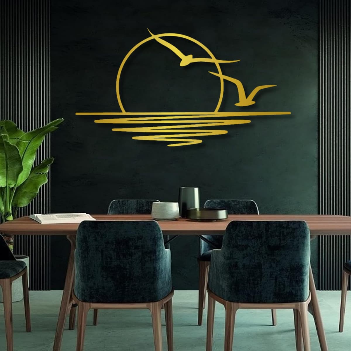 lunwall Sunrise Metal Wall Art - Decoración de pared con gaviotas y amanecer (69 x 38 inch / 175 x 96cm, dorado)