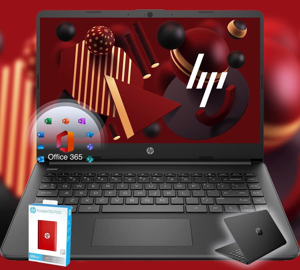 HP 14 Ultrabook • Edición Limitada Vuelta a Clases con Microsoft 365 • CPU Intel de 4 núcleos • 16GB RAM • 1.6TB de almacenamiento (128GB a bordo con HP 512GB P500 SSD portátil + 1TB OneDrive) • Negro • Windows 11