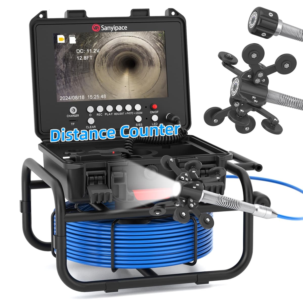 Sanyipace Drain Camera 100FT/30M - Cámara de inspección de drenaje FHD 9" con DVR y contador de distancia S8951DM-30M-US