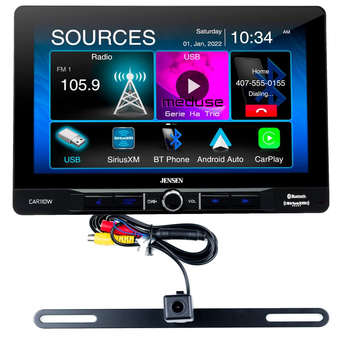 JENSEN CAR110W Receptor Multimedia para Auto Single DIN con Pantalla Táctil de 10 pulgadas | Apple CarPlay y Android Auto Inalámbricos y por Cable | Bluetooth | Cámara de Retroceso Estilo Placa | Compatible con Sirius XM