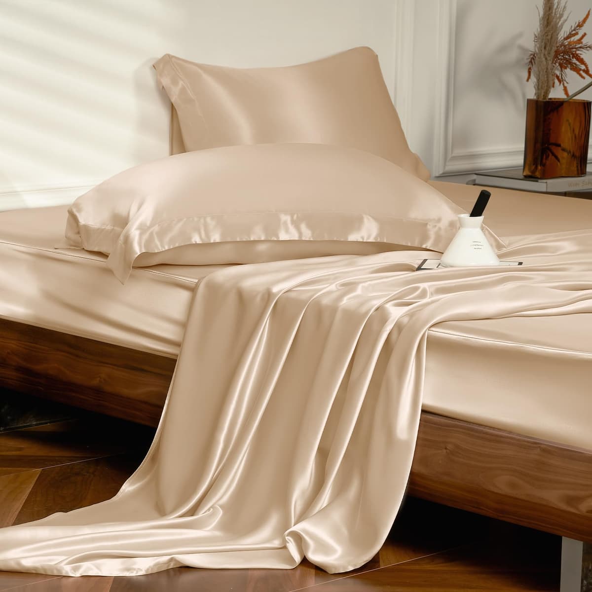 THXSILK 4pcs Silk Bed Sheets Set 25 Momme (Champagne, Full)