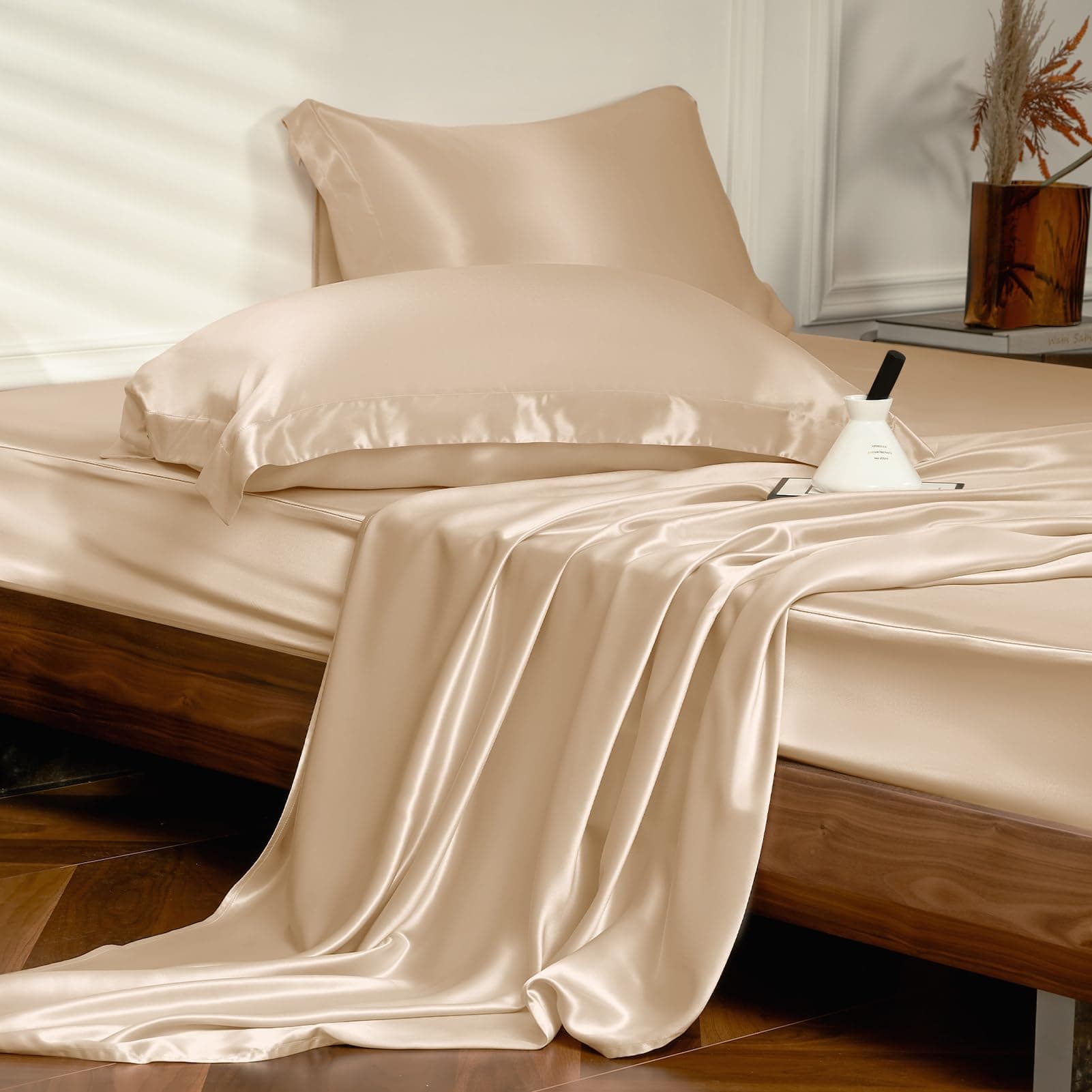 THXSILK 4pcs Silk Bed Sheets Set 25 Momme (Champagne, King)