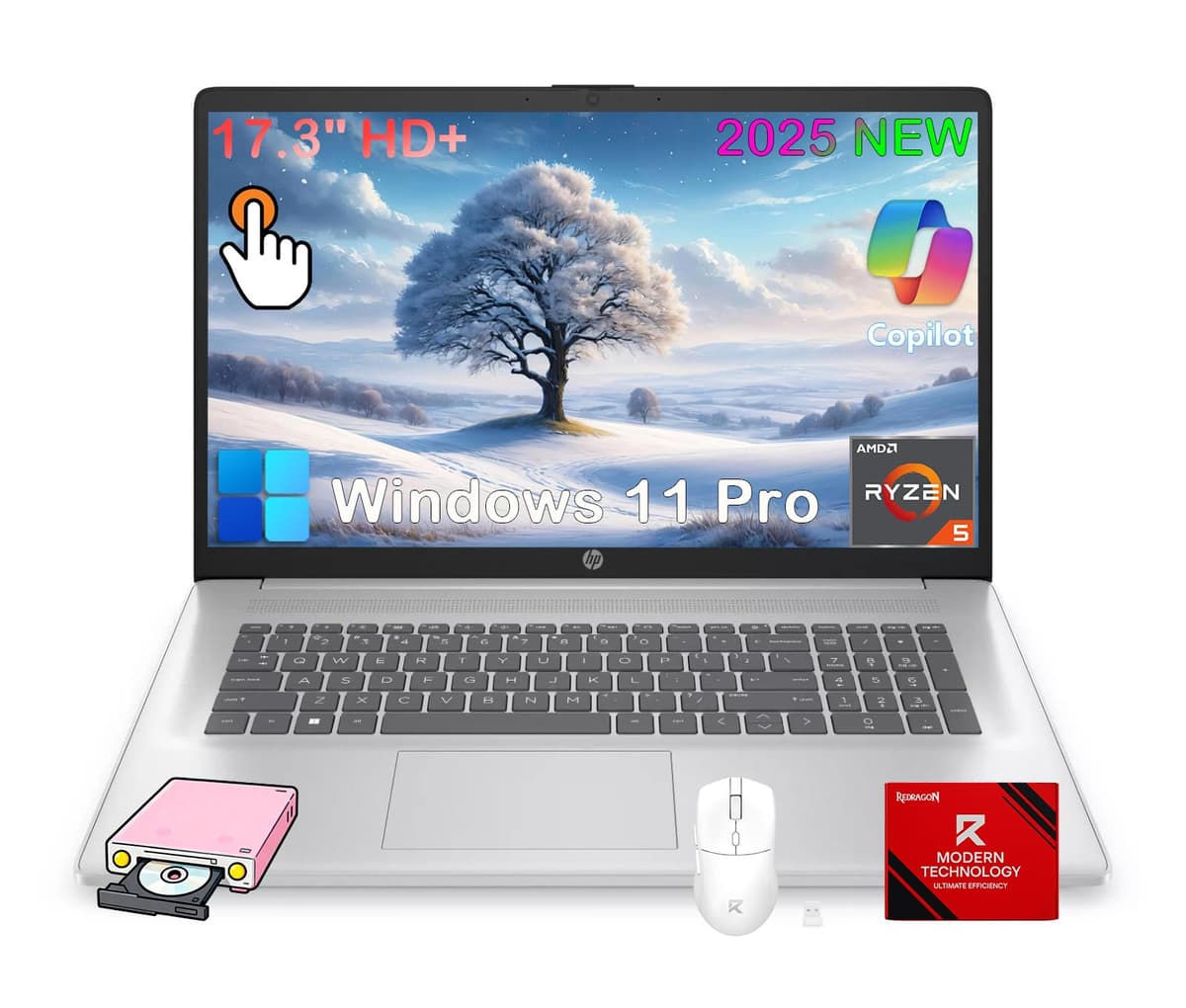 Laptop táctil HP 17 pulgadas - AMD Ryzen 5 7430U (hasta 4.3 GHz), pantalla 17.3" HD+ antirreflejo, 16 GB RAM, SSD 1 TB, Copilot, carga rápida HP, cámara HD, Wi-Fi 6, Windows 11 Pro, kit Redragon patentado hp 17 laptop