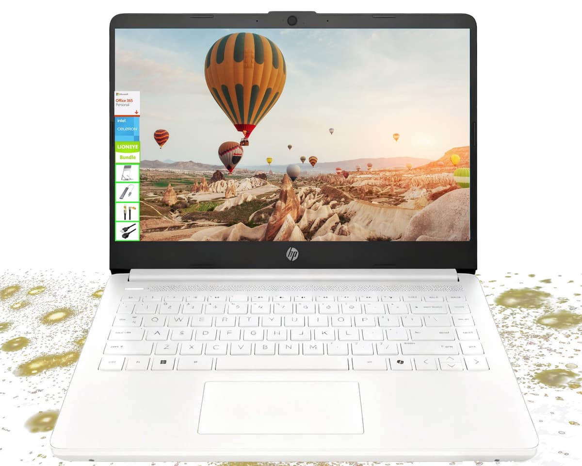 HP Laptop 14" HD - Intel Celeron, 8GB RAM, 64GB eMMC - Liviano y 12H de batería, Diseño elegante con múltiples puertos, Webcam/micrófono para trabajo/estudiantes/turistas - Microsoft 365 incluido, Blanco Copo de Nieve 14-dq3000dx