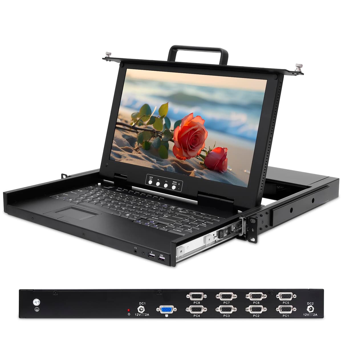 Kinan XW1608 Consola KVM Rack 1U 15.6" FHD, 8 Puertos VGA, Teclado con Touchpad, Dual Power