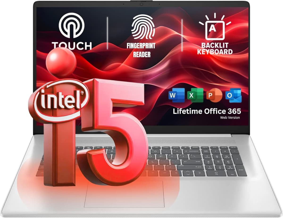 Portátil HP 17.3” táctil - Teclado retroiluminado y lector de huellas - Intel 13ª gen i5 de 10 núcleos - 64GB RAM, 2TB almacenamiento - Windows 11 y Microsoft 365 Web de por vida sin mouse 2083