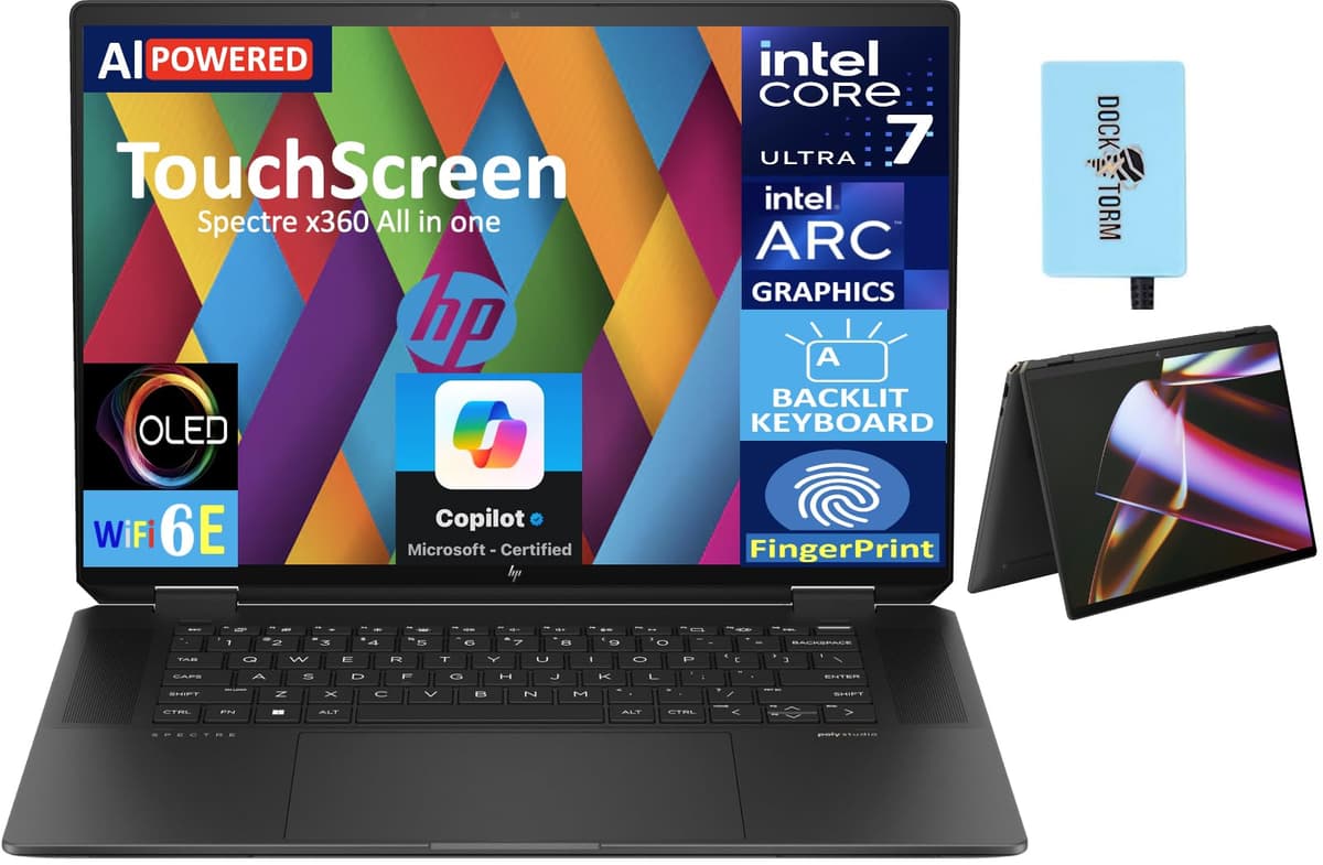 HP Spectre x360 AI Powered 2-in-1 Notebook 16" OLED 2.8K con Pantalla Táctil (Intel Ultra 7-155H, 32GB LPDDR5X, 512GB SSD, Win11 Pro) con DKZ USB Port Expander d1e83a9e-81c1-43e0-88f1-e7fcfd99e403