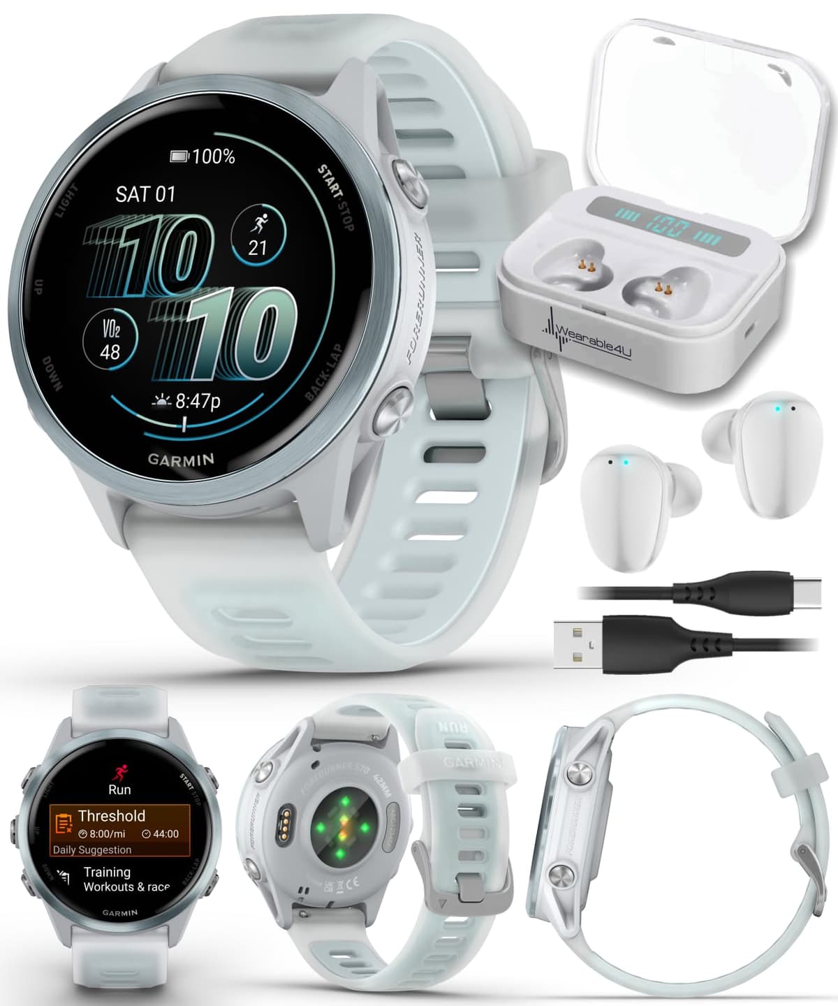 Garmin Forerunner 570 42 mm Reloj Inteligente Avanzado para Correr y Triatlón con GPS Pantalla AMOLED Entrenamiento y Recuperación Azul Nube Aluminio con Correa Translúcida Blanco Piedra/Azul Nube Paquete con Auriculares Wearable4U Blancos TWS X7-1