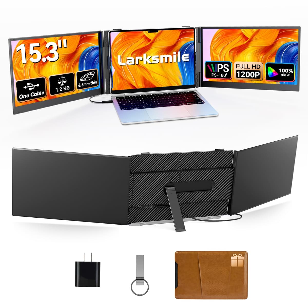 Larksmile Triple Laptop Screen Extender 15.3" One-Cable Triple Monitor 16:10 FHD 1200P 100% sRGB para Mac y Windows 15 | 3" Triplo