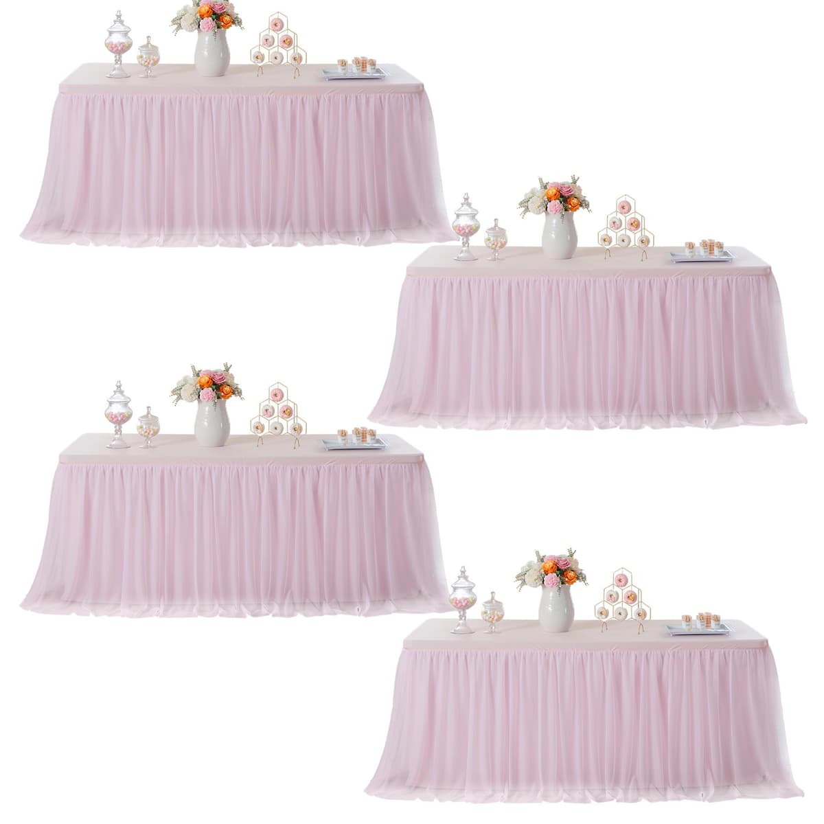 familus Manteles Rosa Tulle 4 Pack para Mesa Rectangular 8 ft, Capa Doble Stretch
