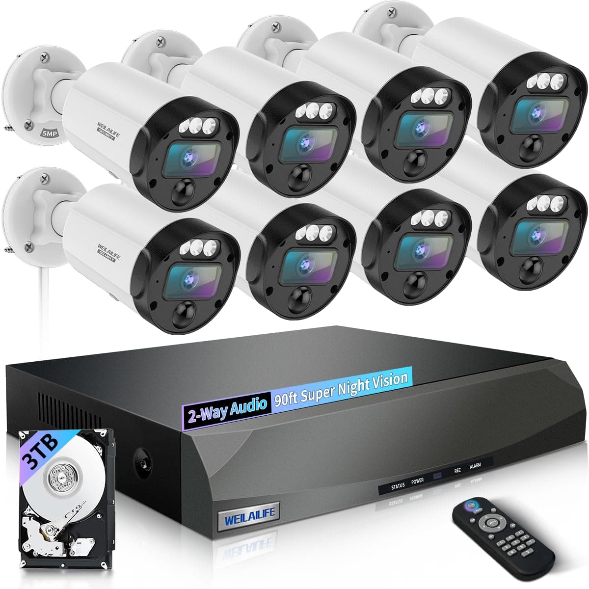 WEILAILIFE 【Ángulo Ultra Gran Angular de 130° y Audio Bidireccional】 Sistema de Cámaras de Seguridad Exterior Cableado, Sistema de Cámaras de Seguridad para el Hogar Cableado, Sistema de Videovigilancia para el Hogar WE-86354