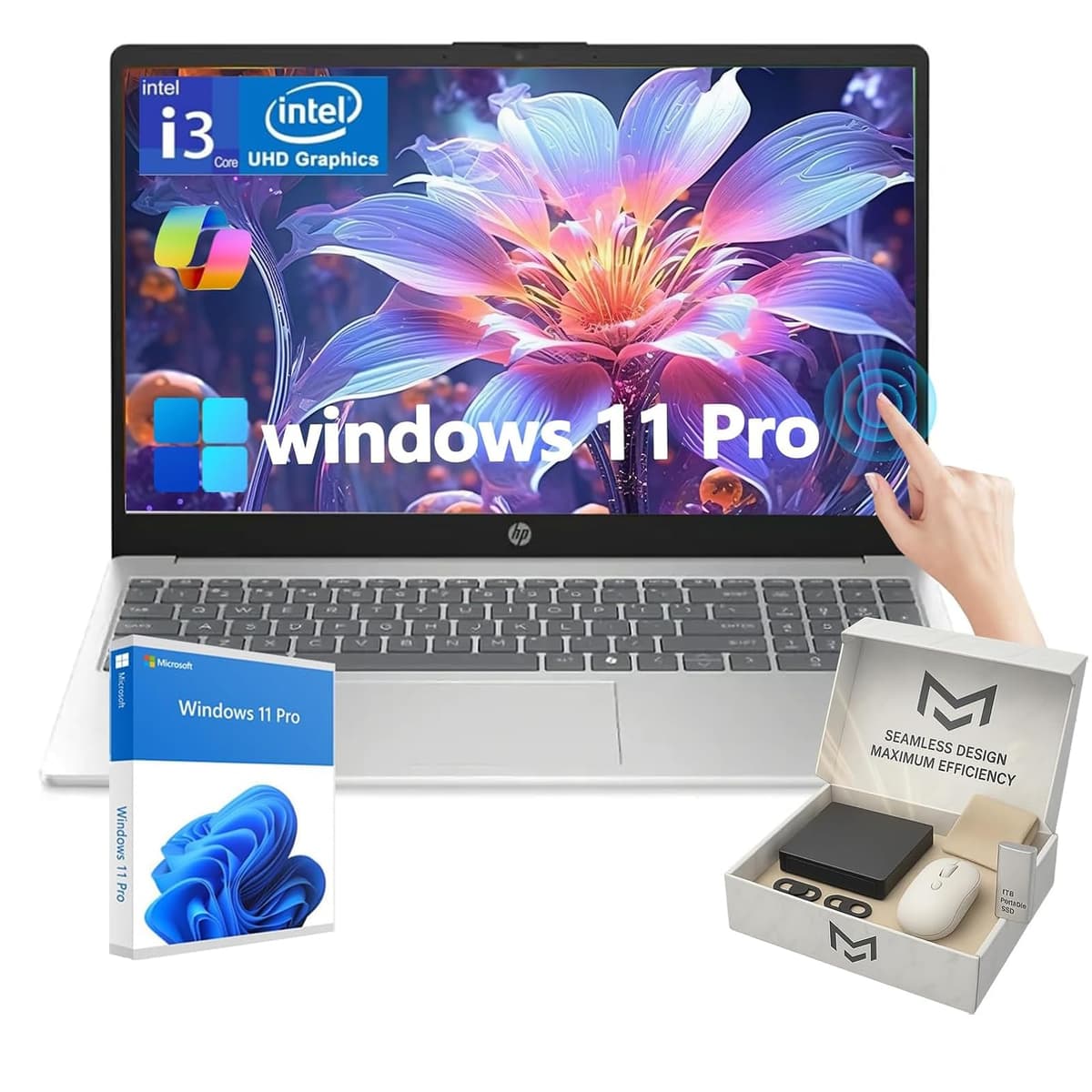 Laptop táctil HP para empresas y estudiantes, 15.6" antirreflejo HD (1366 x 768), Intel i3-1315U de 6 núcleos, Intel UHD Graphics, Windows 11 Pro con AI Copilot, con accesorios, 64 GB RAM, 2 TB SSD HP Laptop