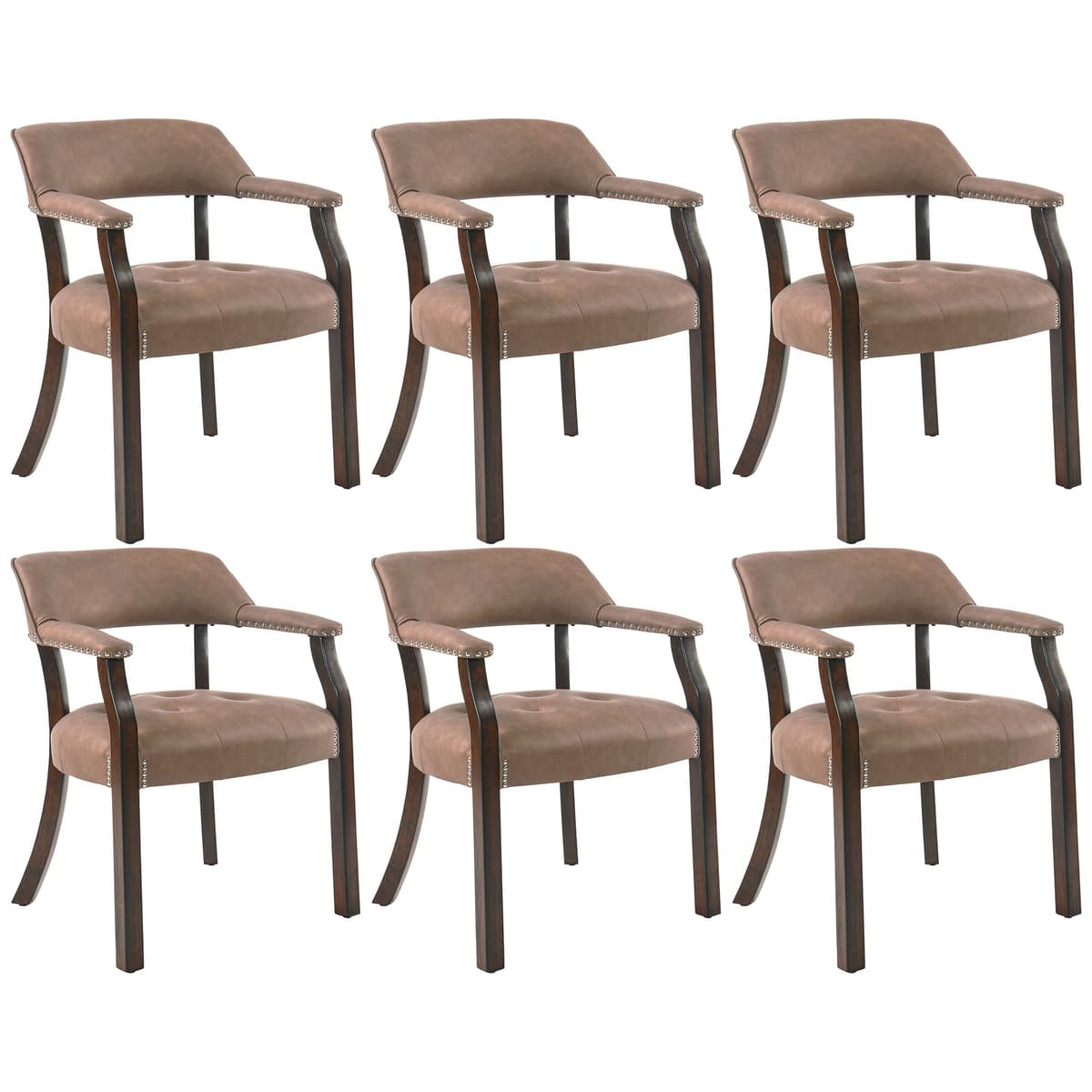 LEEMTORIG Set de 6 Sillas de Comedor en PU con Brazos, Pata Espresso y Tapizado Marrón Amarillento LEECY-NX173-318EY06