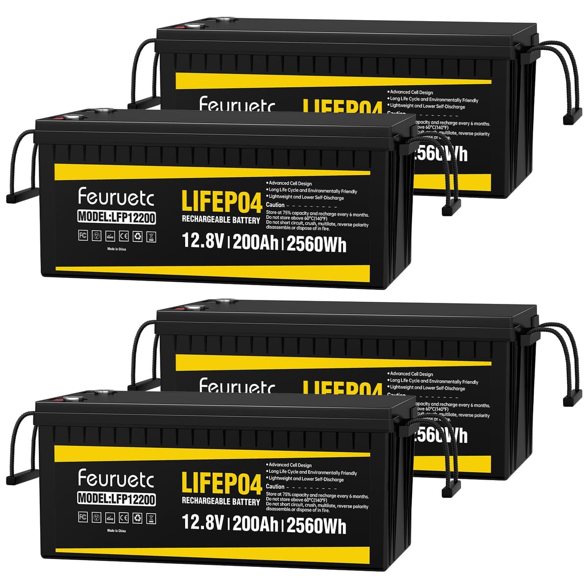 Feuruetc 12V 200Ah LiFePO4 Battery con Built-in 200A BMS - 4PC XF-12200-4