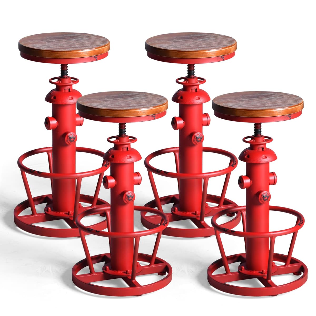 LOKKHAN Set 4 taburetes industriales steampunk diseño hidrante aged red con asiento de madera DS13W-RED+030-4PC