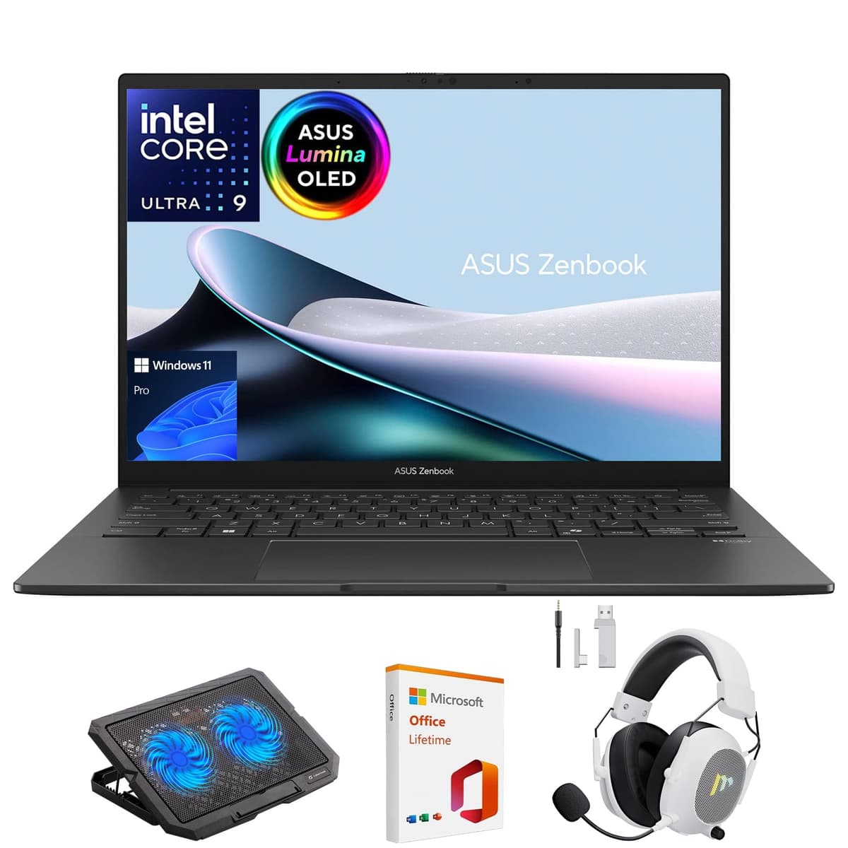 ASUS Zenbook 14 OLED Laptop, pantalla táctil WUXGA de 14", Intel Core Ultra 9 285H, 32 GB de RAM, 1 TB SSD, WiFi 7, Thunderbolt 4, teclado retroiluminado, Windows 11 Pro, gris, con accesorio Mytrix y Office de por vida UX34
