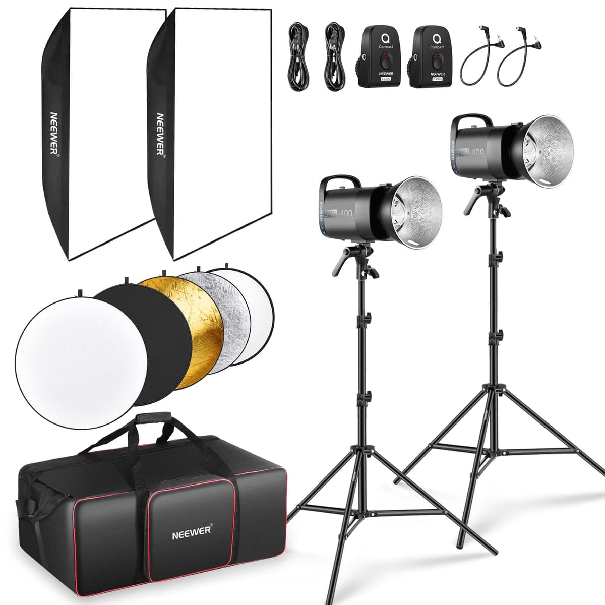 Kit de Flash Monolight de Estudio NEEWER 800Ws: Paquete de 2 S101-400W PRO 5600K con Disparador 2.4G/Lámparas de Modelado 150W/Montura Bowens/Softboxes/Trípodes/Reflector/Bolsa, Compatible con QPRO 10103608