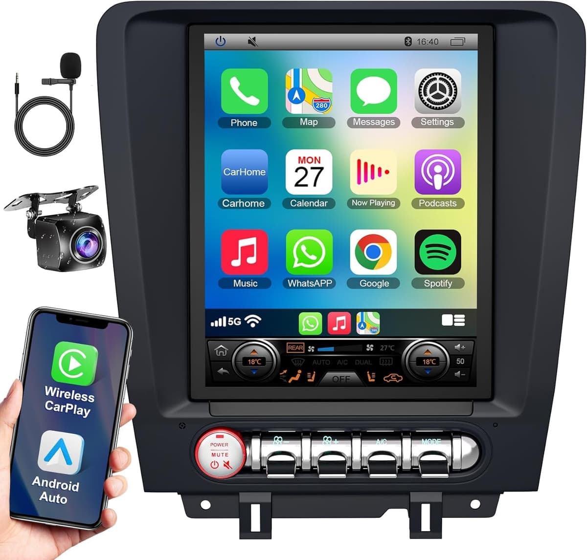 Inexaccessories 4+64 8 Núcleos para Ford Mustang 2010 2011 2012 2013 2014 Radio Android 13 de 9.7 pulgadas IPS con Pantalla Táctil, CarPlay/Android Auto Inalámbricos, GPS, WiFi, Bluetooth, FM, Compatible con OBD2/DVR/DSP.