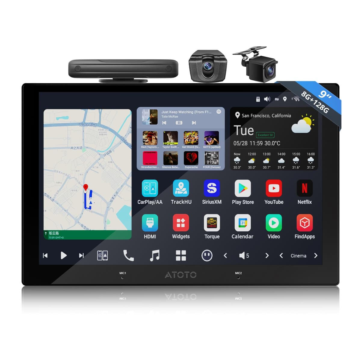 ATOTOOUT Stereo Doble DIN para Auto - Pantalla QLED de 9" 8GB+128GB CarPlay/Android Auto Inalámbricos, DSP 7.1.2, SPDIF, RCA, HDMI-in, Ecualizador, Amplificador, Subwoofer, 4G, Wi-Fi, Bluetooth, USB, 3 Micrófonos, IA, OTA, Cámara Dual 1080p, X10G029E X10G209E-A-R3